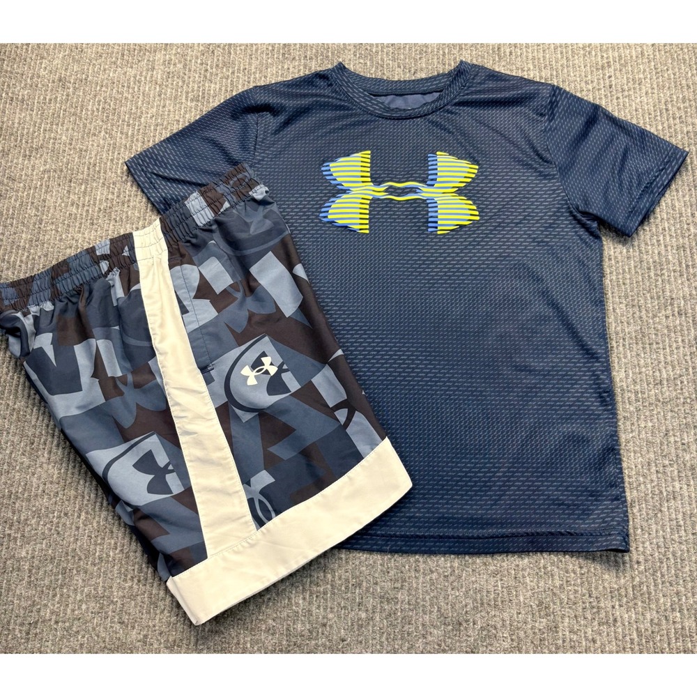 Under Armour Boys Navy Blue HeatGear T-Shirt and Shorts Set Size Large YLG